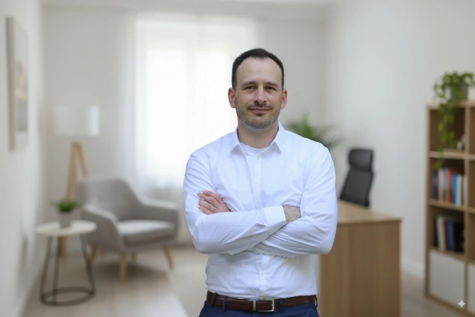 Digitalberater Michael Schilde mit verschränkten Armen im Büro