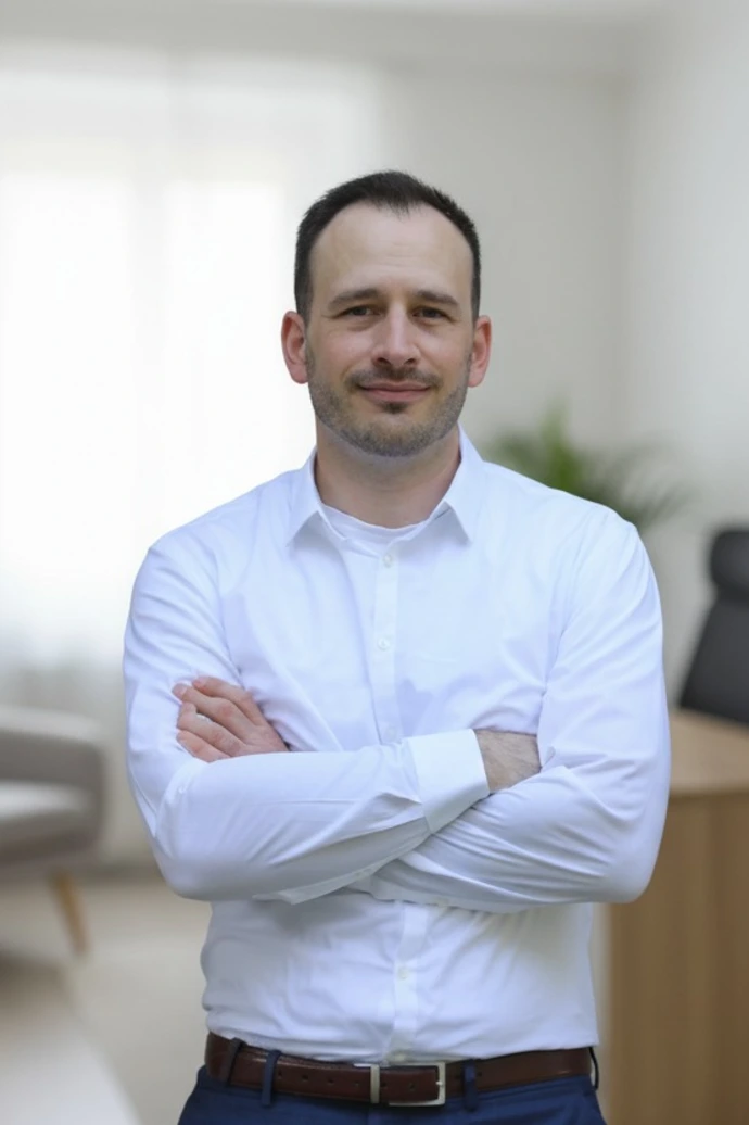 Digitalisierungsberater Michael Schilde mit verschränkten Armen im Büro